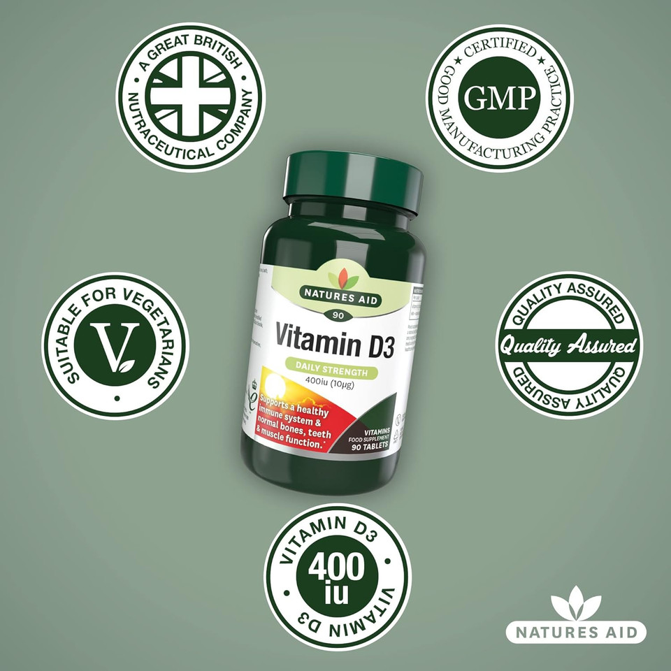 Natures Aid Vitamin D3 10µg (400IU)  High Strength Vitamin D Supplement  Supports Bones, Muscles & Immunity  Vegan, Gluten-Free, Non-GMO  90 Tablets  Essential Daily Nutrient Natures Aid Vitamin D3 10µg (400IU)  High Strength Vitamin D Supplement  Supports Bones, Muscles & Immunity  Vegan, Gluten-Free, Non-GMO  90 Tablets  Essential Daily Nutrient