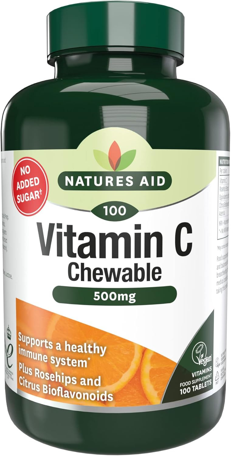 Natures Aid Vitamin C 500mg 50 Chewable Tablets  Supports Immune System & Skin Health - High Strength, Sugar Free, Vegan, Non-GMO  Antioxidant Supplement