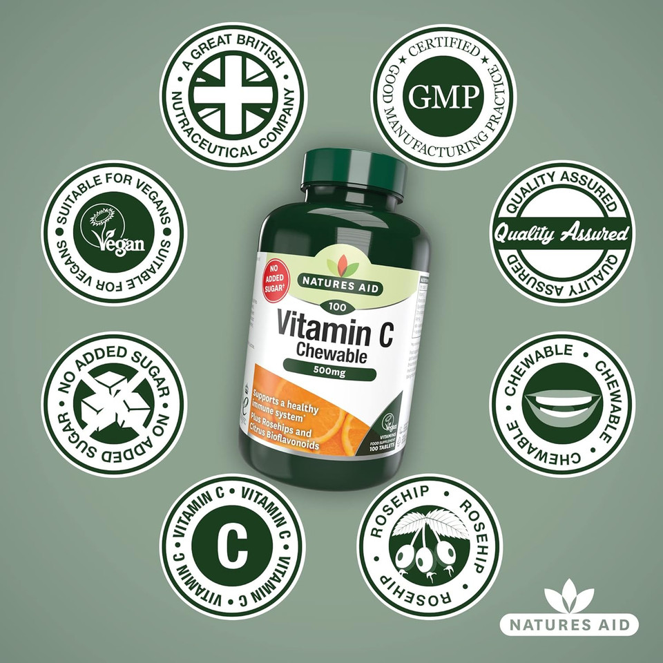 Natures Aid Vitamin C 500mg 50 Chewable Tablets  Supports Immune System & Skin Health - High Strength, Sugar Free, Vegan, Non-GMO  Antioxidant Supplement