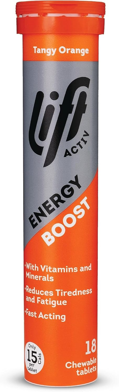Lift Activ Energy Boosting Glucose Chewable Energy Tablets, Contains Added Multivitamins and Minerals, Tangy Orange, 1 Pack of 18-Tablet Tubes