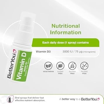 BetterYou Vitamin D 3000 IU Oral Spray, Fast Acting Vitamin D3 Supplement, Supports Bones, Teeth and a Healthy Immune System, 3-Month Supply, Natural Peppermint Flavour, Made in The UK