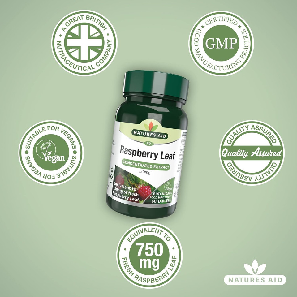 Natures Aid Raspberry Leaf Tablets 750mg Equivalent  High Potency Support for Womens Health & Menstrual Comfort Support - Botanical Supplement  Vegan, Non-GMO, Gluten-Free  60 Tablets
