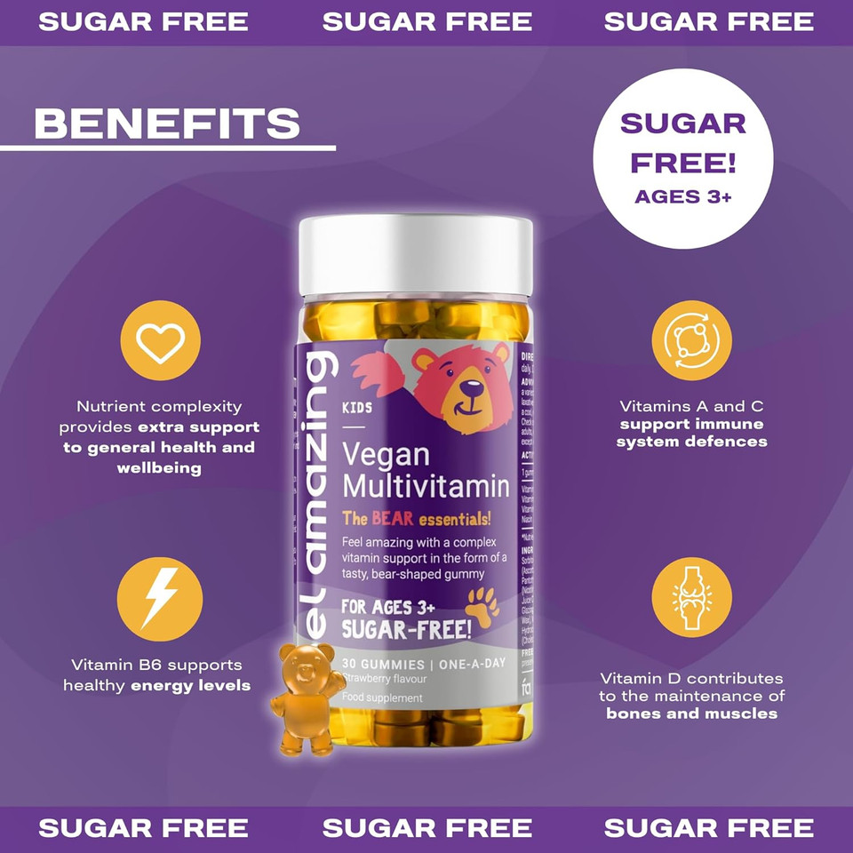 Feel Amazing Kids Multivitamins Gummies - Sugar-Free - Strawberry-Flavoured - Essential Vitamins A, C, D, B6, B12, Zinc & Selenium - 30 Servings