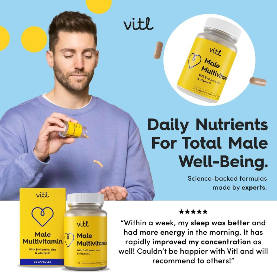 Vitl Male Multivitamin & Minerals Supplement - 30 Vegan Capsules - 20 Essential Nutrients Including B Vitamins, Zinc, Vitamin D & Plant Extracts - Support Overall Male Wellbeing - 1 Month Supply