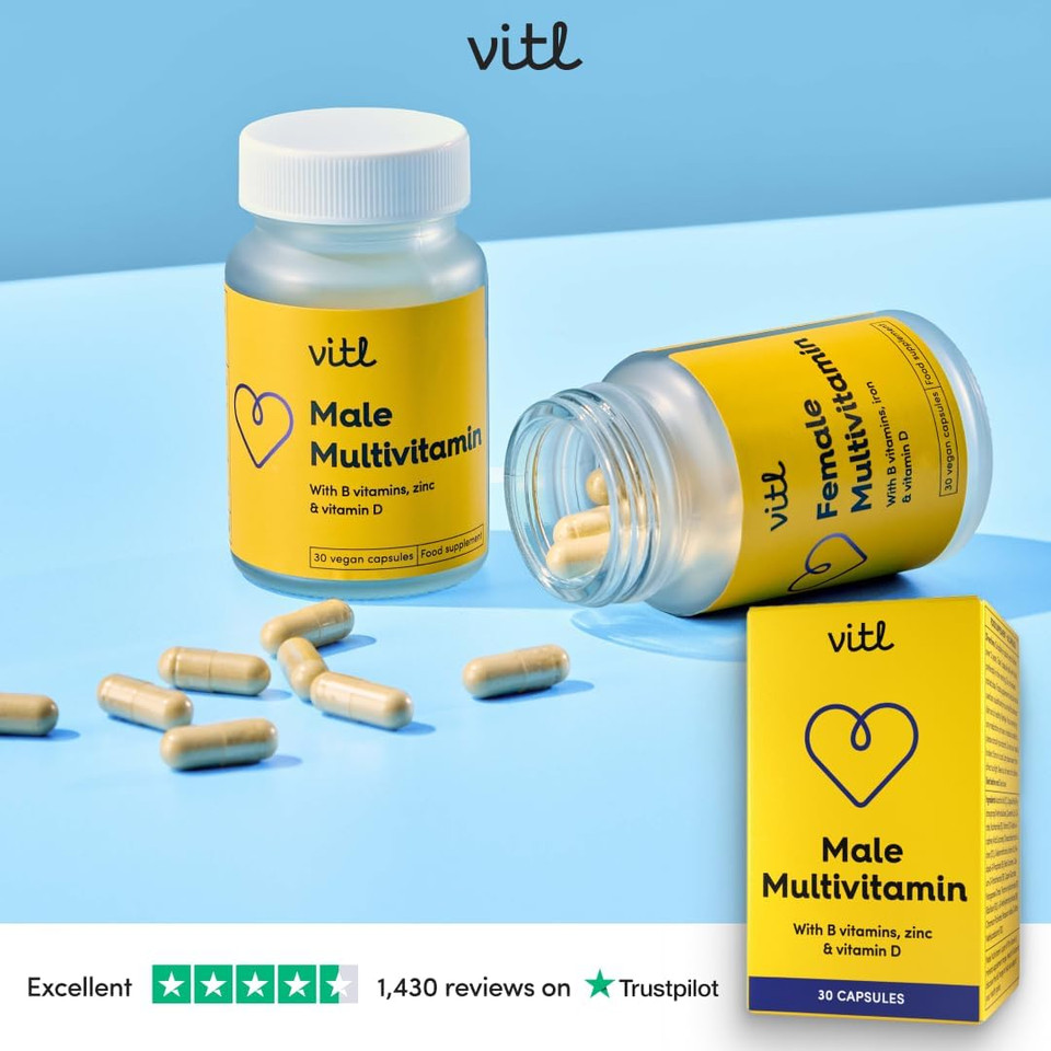 Vitl Male Multivitamin & Minerals Supplement - 30 Vegan Capsules - 20 Essential Nutrients Including B Vitamins, Zinc, Vitamin D & Plant Extracts - Support Overall Male Wellbeing - 1 Month Supply