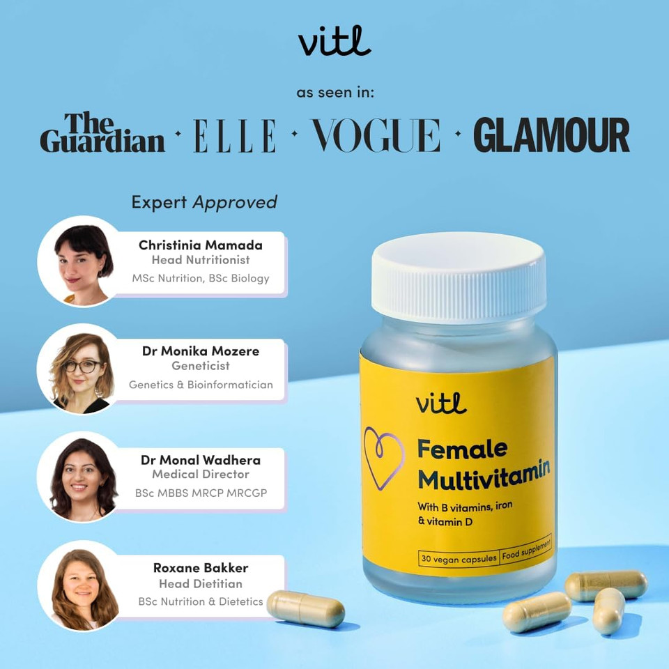 Vitl Female Multivitamin & Minerals Supplement - 30 Vegan Capsules - 21 Essential Active Vitamins & Minerals - with Vitamin D3, Vitamin B, Vitamin C, Vitamin E, Folic Acid & Iron - 1 Month Supply