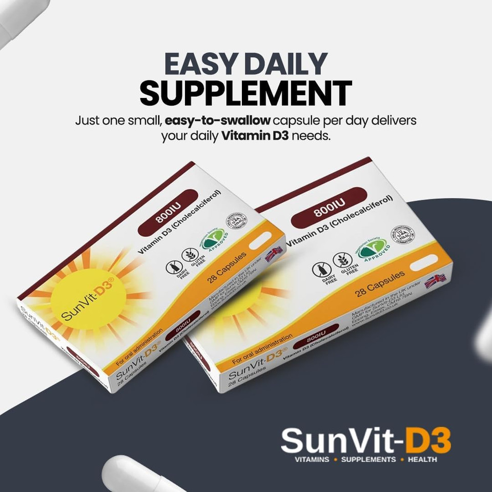SunVit-D3 Vitamin D 800IU Capsules - Vitamin D3 Cholecalciferol Capsules Support the Maintenance of Bone, Teeth, Muscle & Immune System | Made in UK & GMP Approved - D3 Vitamins 28 Convenient Capsules
