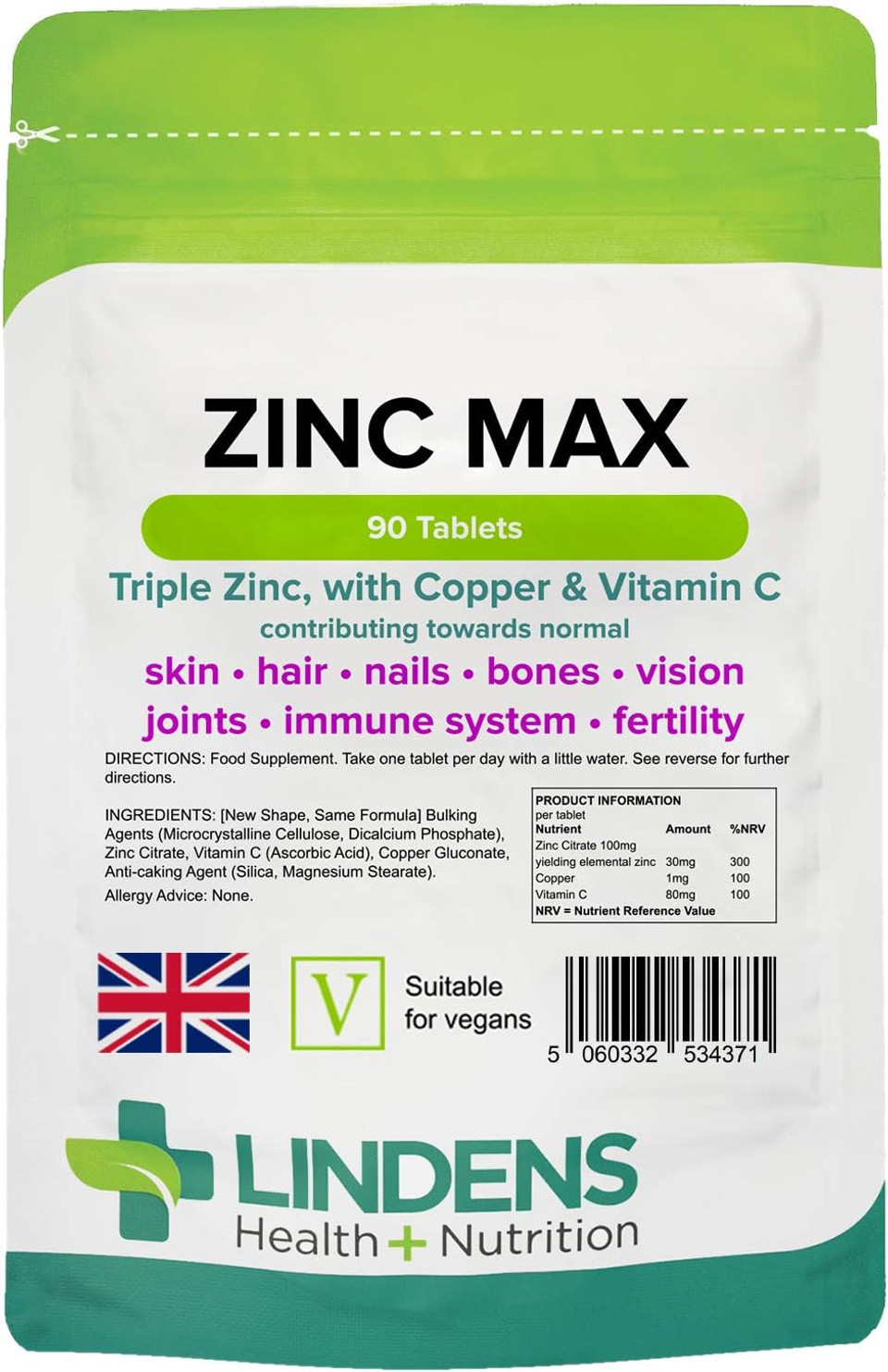Lindens Zinc Max Tablets - 90 Pack - Provides 300% Nrv Dose, Fortified with Vitamin C & Copper to Contribute Towards Healthy Hair, Skin, Nails, Vision & Hormone Balance - UK Made, Letterbox Friendly Lindens Zinc Max Tablets - 90 Pack - Provides 300% Nrv Dose, Fortified with Vitamin C & Copper to Contribute Towards Healthy Hair, Skin, Nails, Vision & Hormone Balance - UK Made, Letterbox Friendly