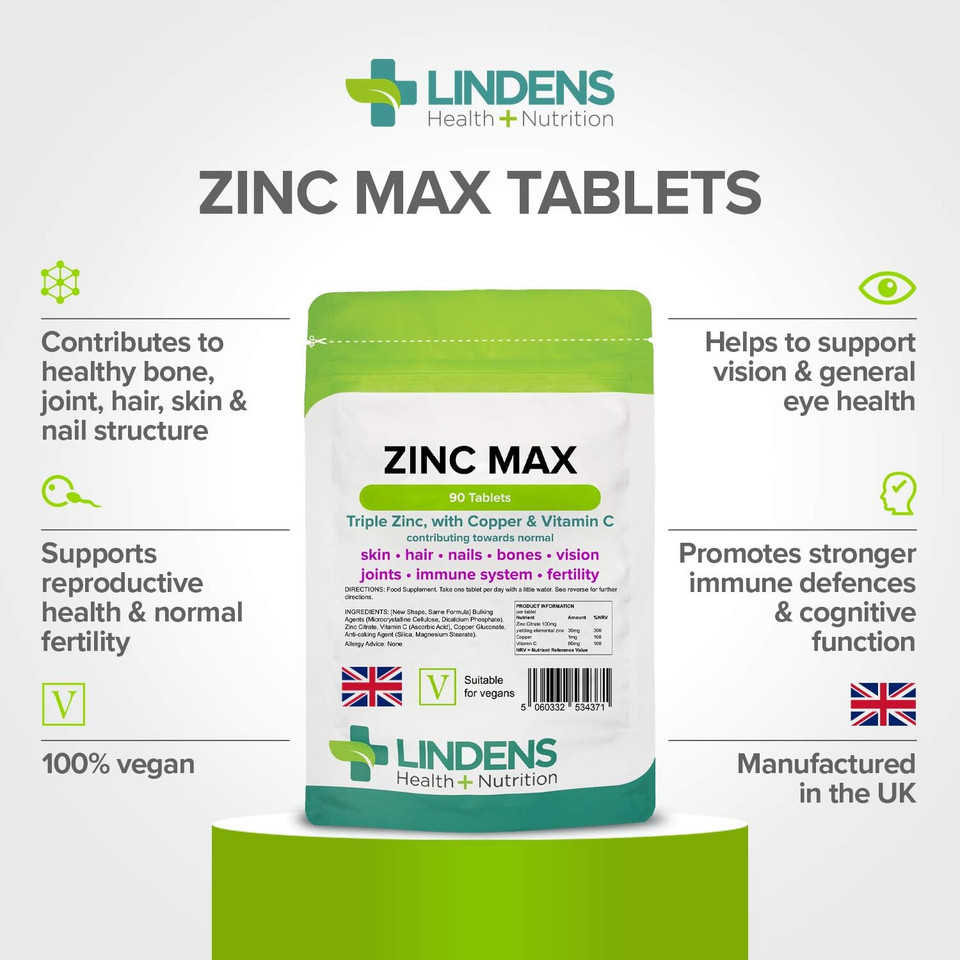 Lindens Zinc Max Tablets - 90 Pack - Provides 300% Nrv Dose, Fortified with Vitamin C & Copper to Contribute Towards Healthy Hair, Skin, Nails, Vision & Hormone Balance - UK Made, Letterbox Friendly Lindens Zinc Max Tablets - 90 Pack - Provides 300% Nrv Dose, Fortified with Vitamin C & Copper to Contribute Towards Healthy Hair, Skin, Nails, Vision & Hormone Balance - UK Made, Letterbox Friendly