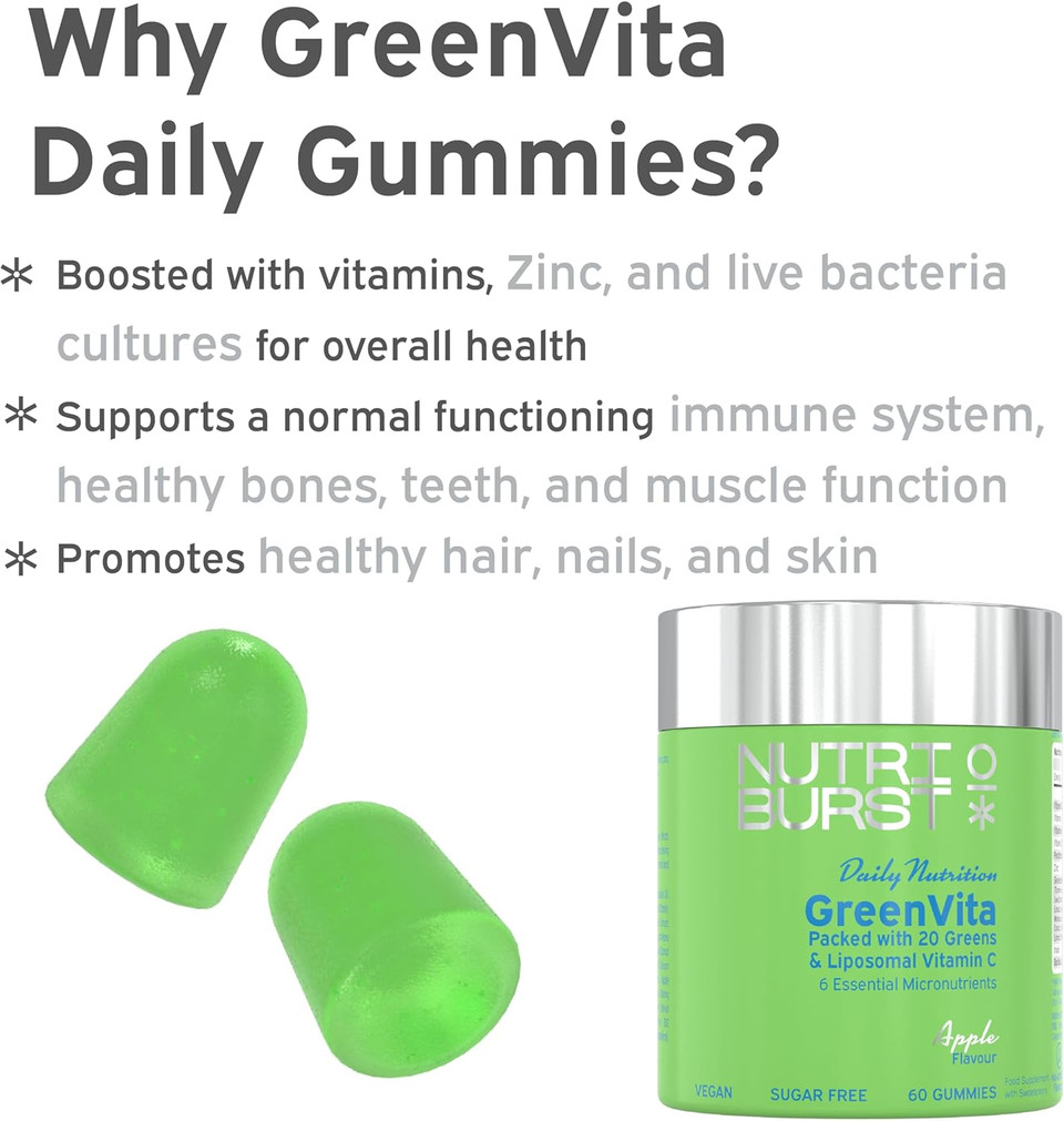 Nutriburst GreenVita - Super Greens Blend Gummies - Fruit + Veg + 100% Fruiting Bodies Mushrooms + 200 Million Live Bacteria Cultures - Boosted with Vitamins - 1 Month Supply - Suitable for Vegans