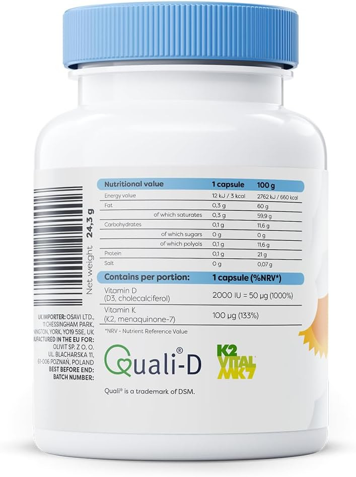 Osavi Vitamin D3 + K2, 2000 IU + 100 µg  60 Softgels | Supports Bone, Teeth & Immune Health | with Quali®D & K2VITAL® for High Absorption | MCT OilBased Formula