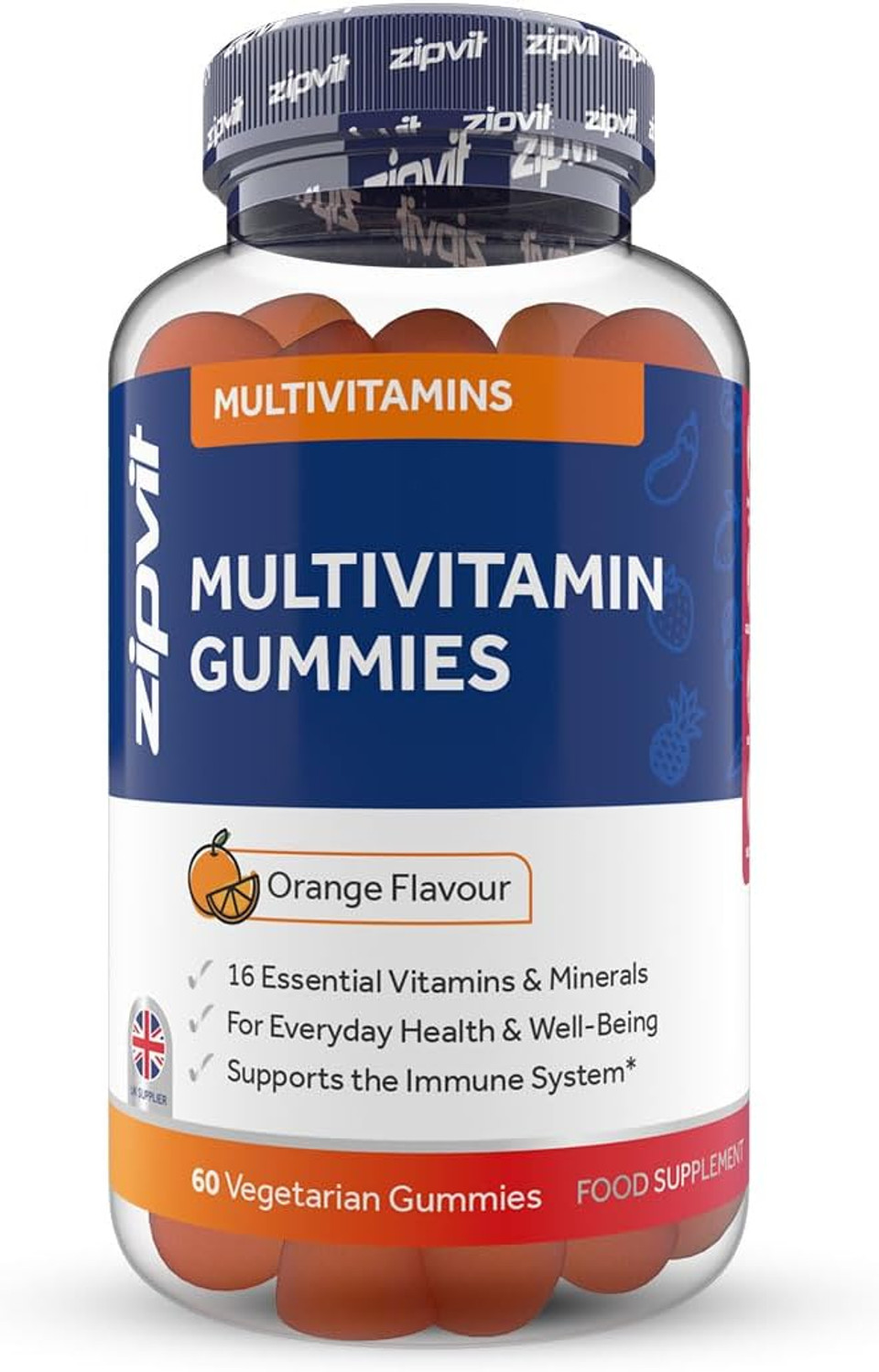 Zipvit Multivitamin Gummies for Women & Men, 2 Months Supply, 16 Essential Vitamins, Including Omega, Iron, Zinc, Vitamin B12, Vitamin C & Vitamin D, 60 Orange Flavour Multivitamin Gummies