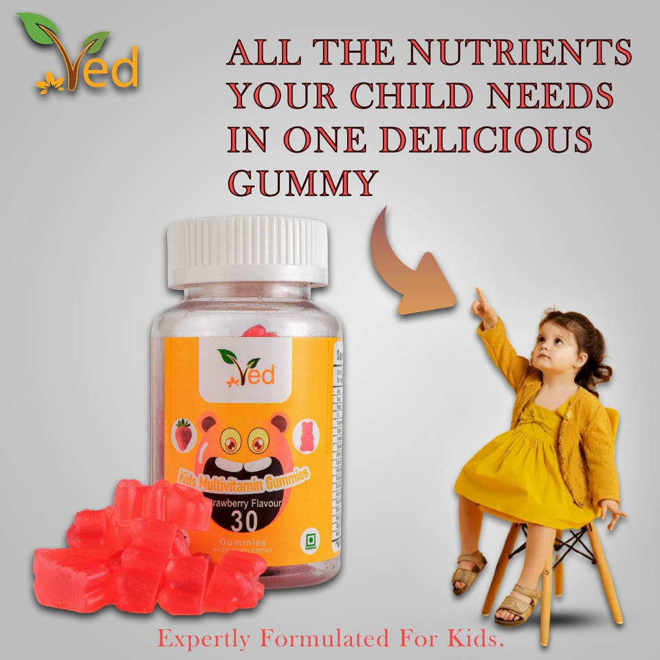 Multivitamin Gummies Kids,15 Day Supply, Natural Strawberry Flavour, 30 Chewable Vegan Gummies, Vegetarian Friendly, Energy & Immune System, Kids Multivitamin Gummies, GMO & Gluten Free