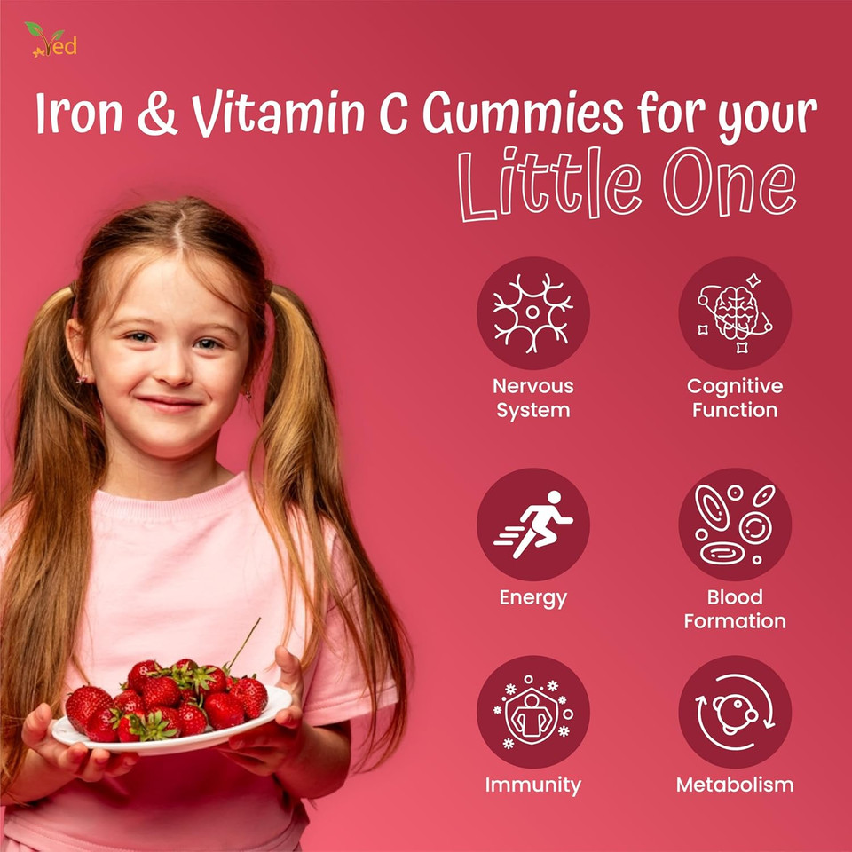 Iron Gummies Kids,15 Day Supply, Natural Strawberry Flavour, 30 Chewable Vegan Gummies, Vegetarian Friendly, Energy & Immune System, Kids Iron Gummies, GMO & Gluten Free