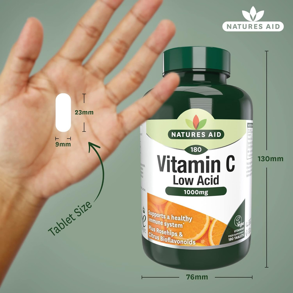 Natures Aid Low Acid Vitamin C 1000mg  High Strength Immune Support, Antioxidant Protection  Gentle on Stomach  Supports Collagen, Skin, Energy & Iron Absorption  Vegan - 90 Tablets