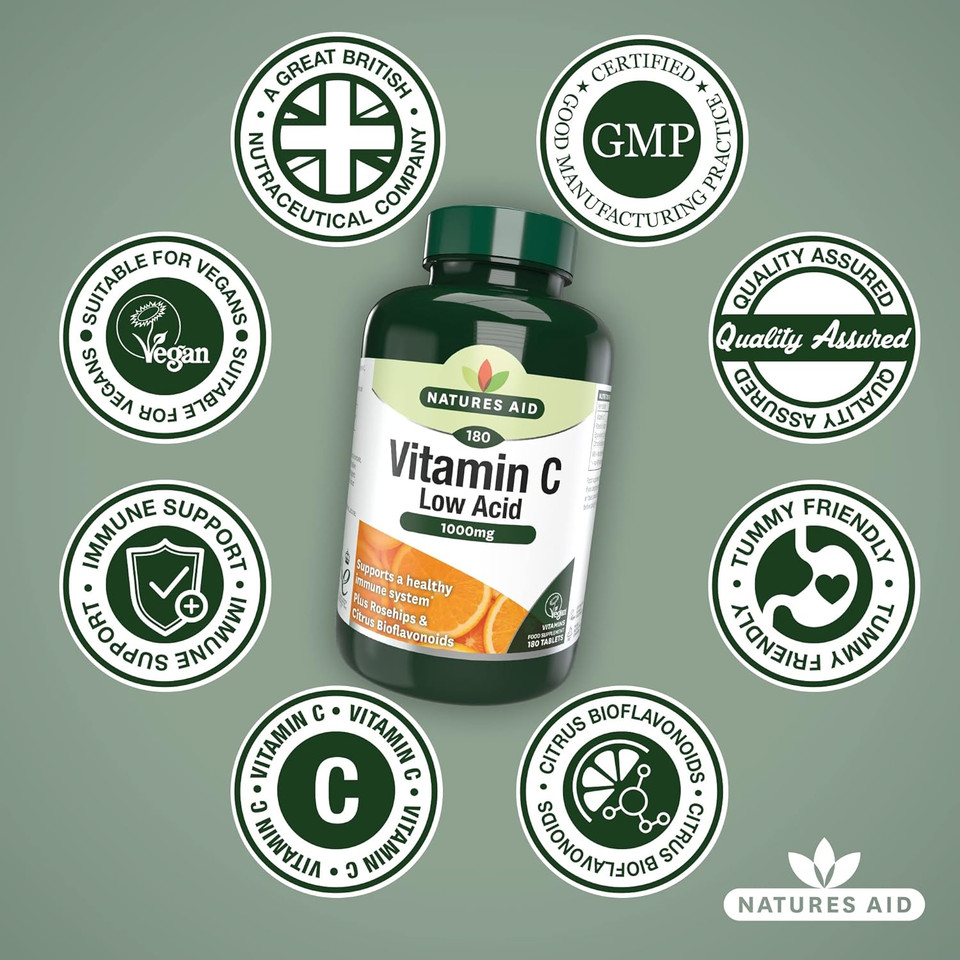 Natures Aid Low Acid Vitamin C 1000mg  High Strength Immune Support, Antioxidant Protection  Gentle on Stomach  Supports Collagen, Skin, Energy & Iron Absorption  Vegan - 90 Tablets