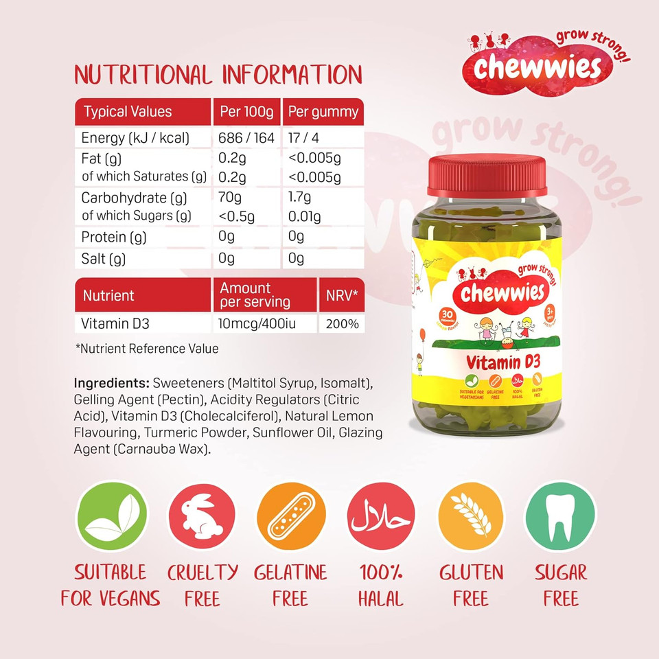 Vitamin D - Chewable Gummies- Vegetarian, Vegan, Halal, Sugar Free & Gluten Free, Non-GMO - for Adults and Children to Support Healthy Growth and Development by Chewwies Vitamins Vitamin D - Chewable Gummies- Vegetarian, Vegan, Halal, Sugar Free & Gluten Free, Non-GMO - for Adults and Children to Support Healthy Growth and Development by Chewwies Vitamins