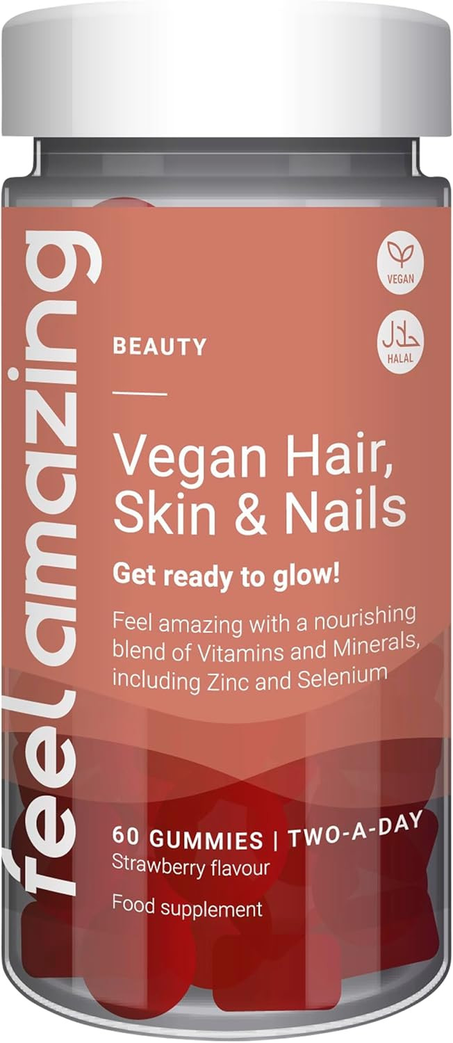 Feel Amazing Vegan Hair, Skin & Nails Complex Gummies - Beauty Support - with Zinc, Biotin, Vitamin C & D - Blueberry Flavour, Vegan, Halal, 60 Gummies, 30-Day Supply (1)