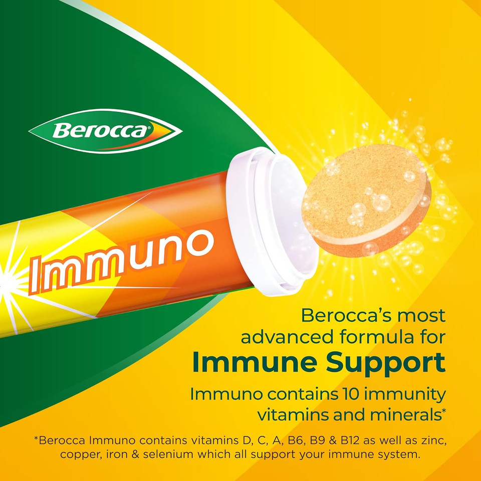 Berocca Immuno Effervescent Tablets - Including Vitamin D, C, A, B6, B9, B12, Selenium, Zinc and Iron - Multivitamin Immune System Support for Men & Women - 11 Vitamins and Minerals - 15 Tablets