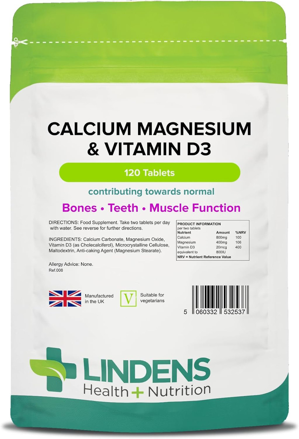 Lindens - Calcium Magnesium & Vitamin D - 120 Tablets - UK Made - Contributes to Normal Bone, Teeth, Muscle & Immune Function, Reduce Tiredness & Fatigue - Letterbox Friendly