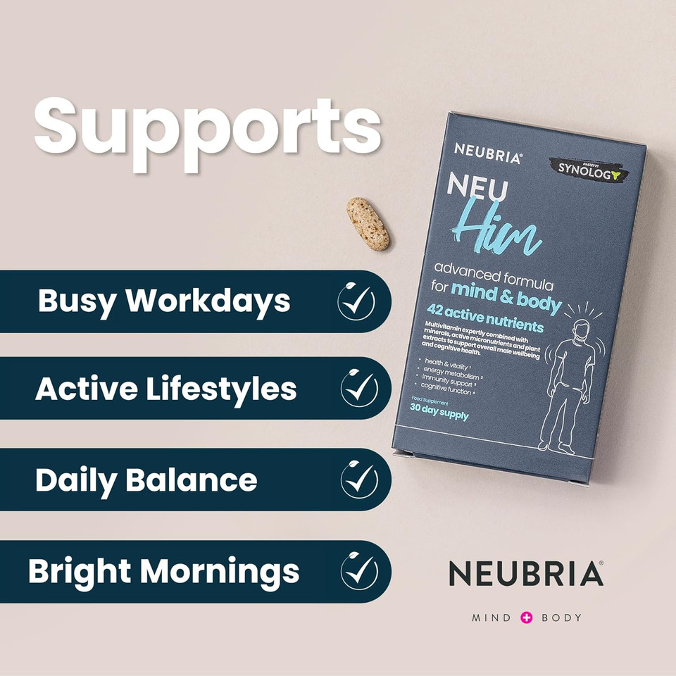 NEUBRIA NEU HIM Multivitamin for Men with Botanicals - 42 Active Nutrients, Vitamin D3, Zinc, Iron, Herbal Extracts, Cognitive Formula Ideal for Active Lifestyles  UK Made, 30 Tablets NEUBRIA NEU HIM Multivitamin for Men with Botanicals - 42 Active Nutrients, Vitamin D3, Zinc, Iron, Herbal Extracts, Cognitive Formula Ideal for Active Lifestyles  UK Made, 30 Tablets