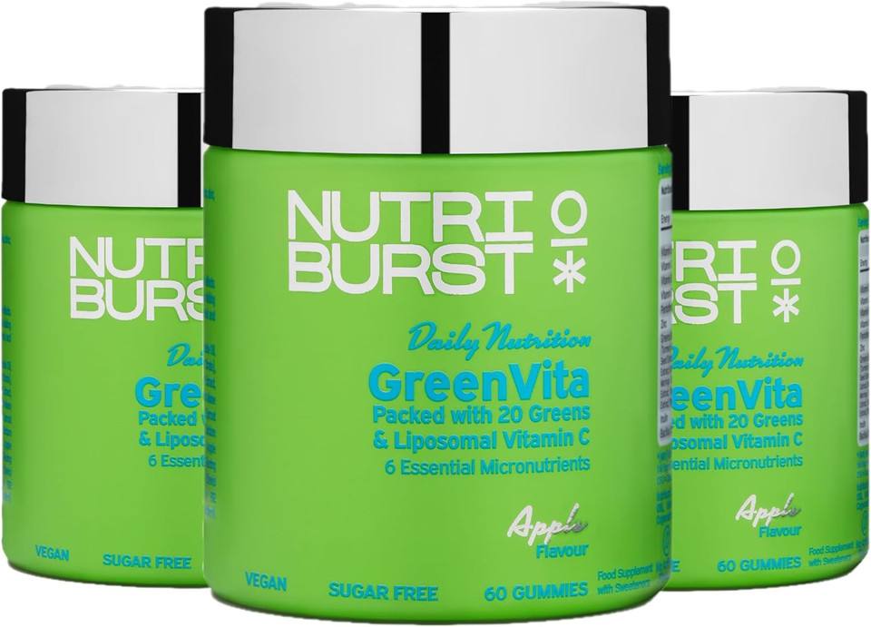 Nutriburst GreenVita Multipack - Vegan Super Greens Blend - Fruit + Veg + 100% Fruiting Bodies Mushrooms + 200 Million Live Bacteria Cultures - Boosted with Vitamins - 3 x 60 Gummies / 3 Month Supply