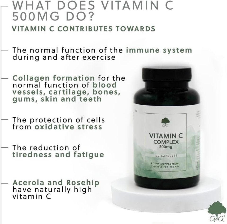 Vitamin C Complex | 500mg Vitamin C per Capsule | 120 Vegan Capsules | with Rose Hip and Acerola | G&G Vitamins Vitamin C Complex | 500mg Vitamin C per Capsule | 120 Vegan Capsules | with Rose Hip and Acerola | G&G Vitamins