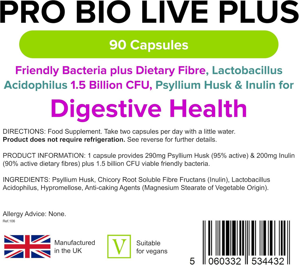 Lindens - Pro Bio Live Plus Dietary Fibre - 90 Capsules - UK Made - Lactobacillus Acidophilus, 1.5 Billion CFU with Psyllium Husk & Inulin, Healthy Digestion - Letterbox Friendly, Vegan Lindens - Pro Bio Live Plus Dietary Fibre - 90 Capsules - UK Made - Lactobacillus Acidophilus, 1.5 Billion CFU with Psyllium Husk & Inulin, Healthy Digestion - Letterbox Friendly, Vegan
