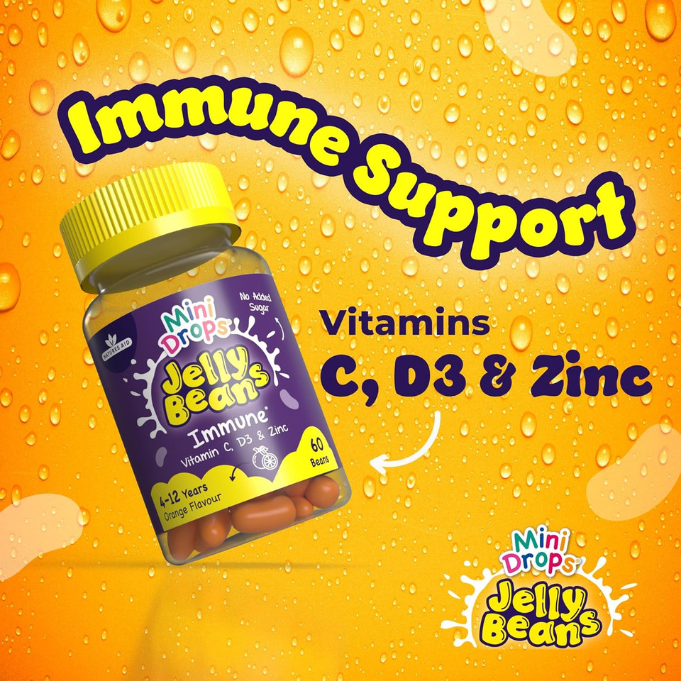 Mini Drops Jelly Beans Immune Support - Vitamin C, D3 & Zinc to Support Immunity and Immune System - Orange, No Added Sugar, Gluten Free - 60 Beans for Children Ages 4-12 by Natures Aid Mini Drops Jelly Beans Immune Support - Vitamin C, D3 & Zinc to Support Immunity and Immune System - Orange, No Added Sugar, Gluten Free - 60 Beans for Children Ages 4-12 by Natures Aid