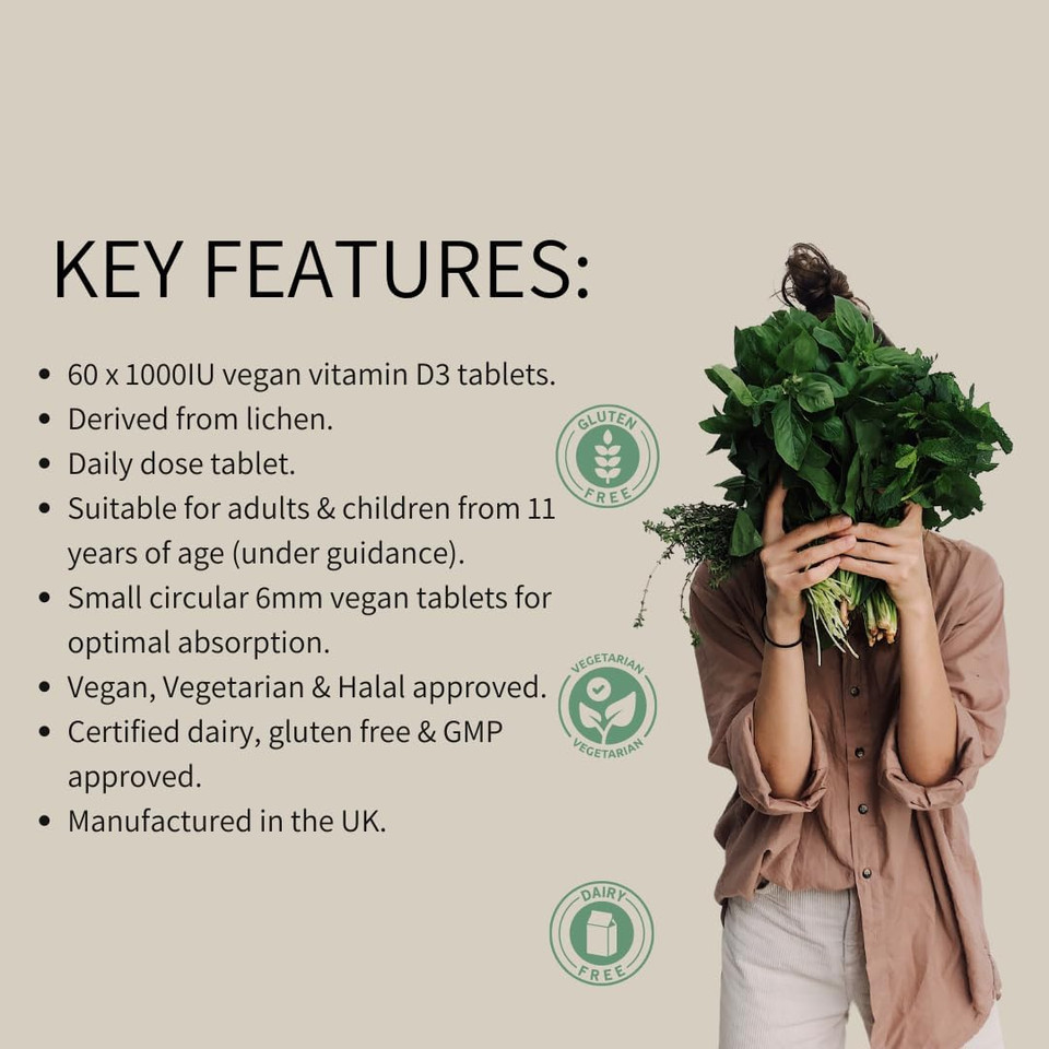 Sunvit-D3 Vegan Lichen Vitamin D3 1000 IU Vegan Tablets | Keep Teeth & Bones Strong | Supports Muscle Healthy & Boost Immune System | 60 Daily Vitamin D3 Tablets