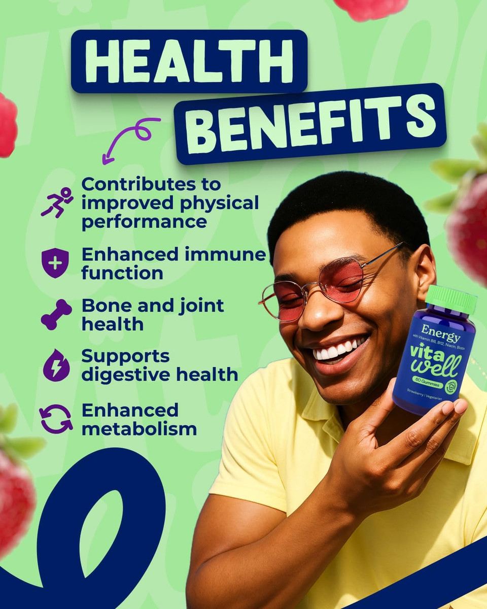 Vitawell Energy Vitamin Gummies - 60 Strawberry Flavour Gummies | High Strength Chewable Sustained Endurance Vitamins | Vitamins B6 + B12 + Niacin | Alternative to Energy Drinks, Gels & Pills Vitawell Energy Vitamin Gummies - 60 Strawberry Flavour Gummies | High Strength Chewable Sustained Endurance Vitamins | Vitamins B6 + B12 + Niacin | Alternative to Energy Drinks, Gels & Pills