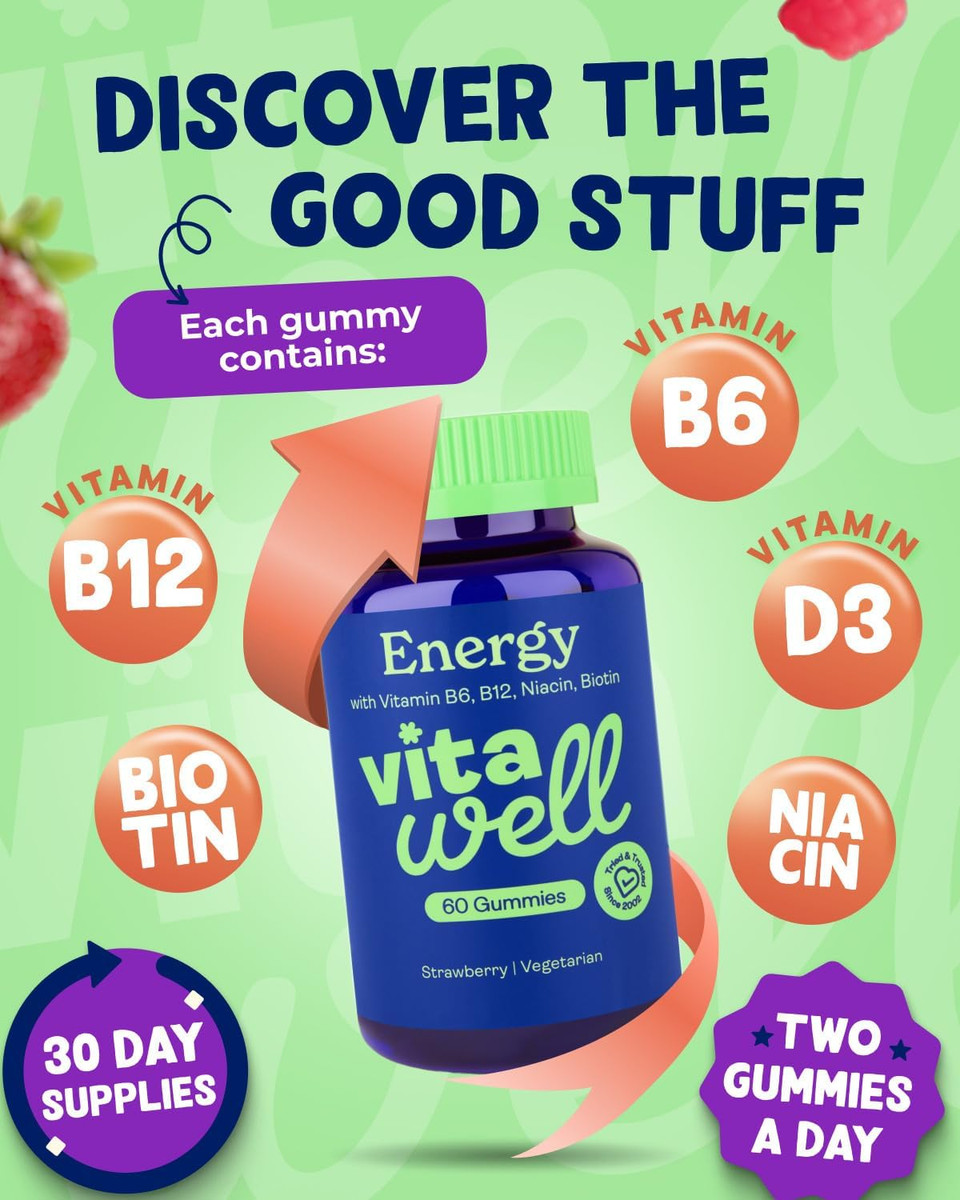 Vitawell Energy Vitamin Gummies - 60 Strawberry Flavour Gummies | High Strength Chewable Sustained Endurance Vitamins | Vitamins B6 + B12 + Niacin | Alternative to Energy Drinks, Gels & Pills
