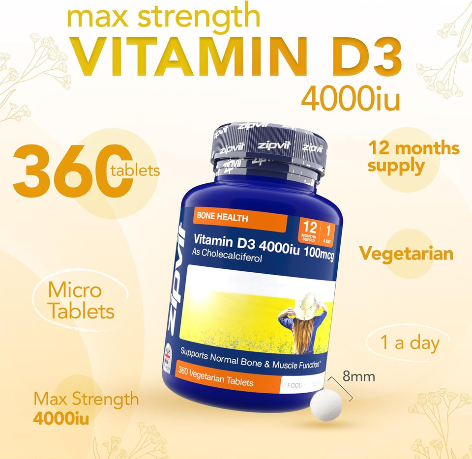 Zipvit Vitamin D3 4000 IU, 360 Maximum Strength Vitamin D Tablets, 12 Months Supply, Vegetarian, 1 a Day, VIT D3 As Cholecalciferol, Supports Bones Muscles, Immune System