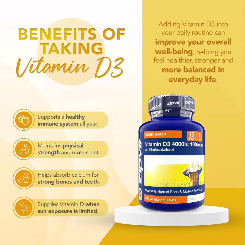 Zipvit Vitamin D3 4000 IU, 360 Maximum Strength Vitamin D Tablets, 12 Months Supply, Vegetarian, 1 a Day, VIT D3 As Cholecalciferol, Supports Bones Muscles, Immune System