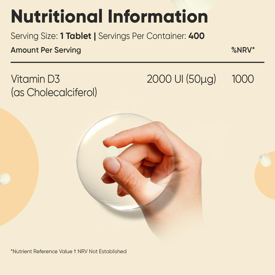 Vitamin D3 2000IU | 400 Tablets | 1+ Year Supply | 8mm Round Tablets | Vegetarian Friendly & Non-GMO | 1 a Day | Vitamin D Supplements | Made in Britain