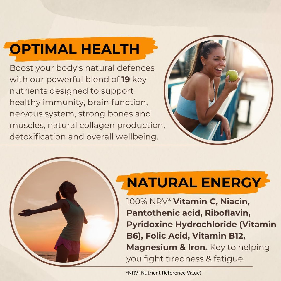 The Vegan Wellness Co. Multivitamin with Ginseng, 19 Nutrients for Energy + Immunity, 40 Effervescent Tablets - Orange and Passionfruit Flavour Immune Booster