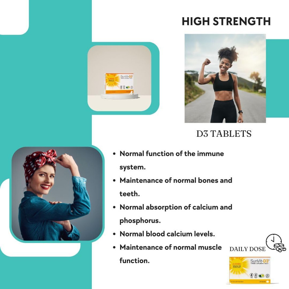 SunVit-D3 Vitamin D3 4000 IU Tablets | High Strength Vitamin D Tablets Supports Immune System, Bone, Teeth & Muscle Health | Gluten Free, Dairy Free | Vitamin D Supplements (28 Count)