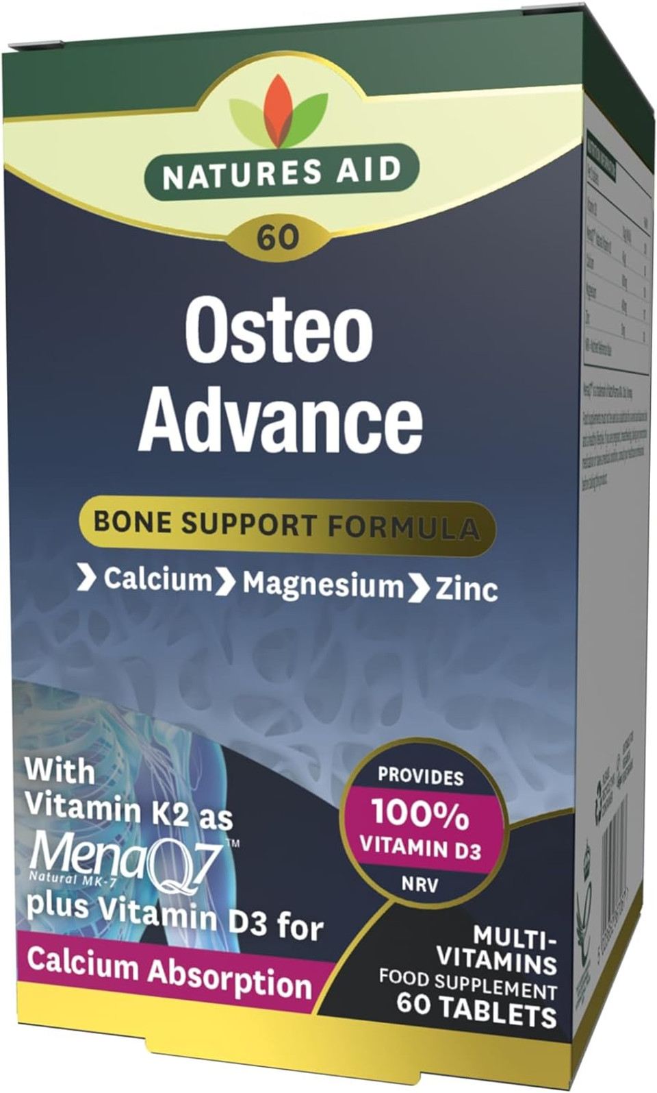Natures Aid Osteo Advance with MenaQ7®  High Strength Bone & Joint Support Supplement  Calcium, Magnesium, Vitamin D3 & K2  Vegan, Gluten Free, Non-GMO  60 Tablets
