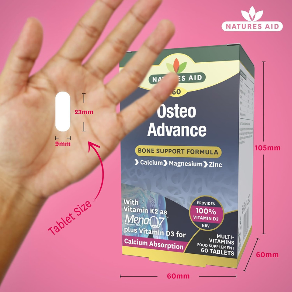 Natures Aid Osteo Advance with MenaQ7®  High Strength Bone & Joint Support Supplement  Calcium, Magnesium, Vitamin D3 & K2  Vegan, Gluten Free, Non-GMO  60 Tablets