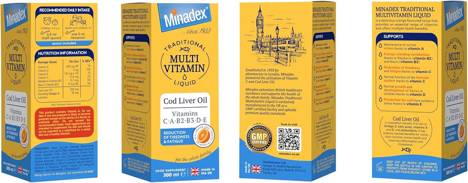 Minadex Traditional Multivitamin Liquid 150 ml  Vitamin A, B2, B3, D & E with Cod Liver Oil, Immune Support, Energy & Bone Health, Natural Orange Flavour,1-Month Supply, Spoon Included, Made in UK