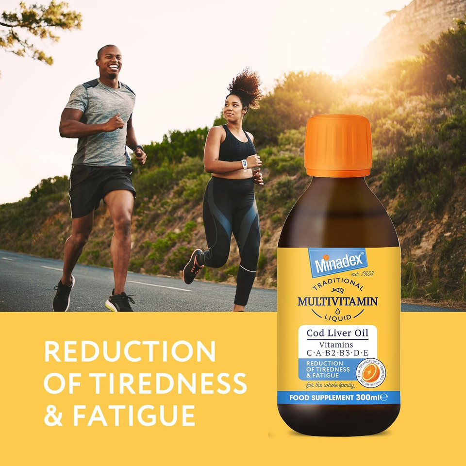 Minadex Traditional Multivitamin Liquid 150 ml  Vitamin A, B2, B3, D & E with Cod Liver Oil, Immune Support, Energy & Bone Health, Natural Orange Flavour,1-Month Supply, Spoon Included, Made in UK