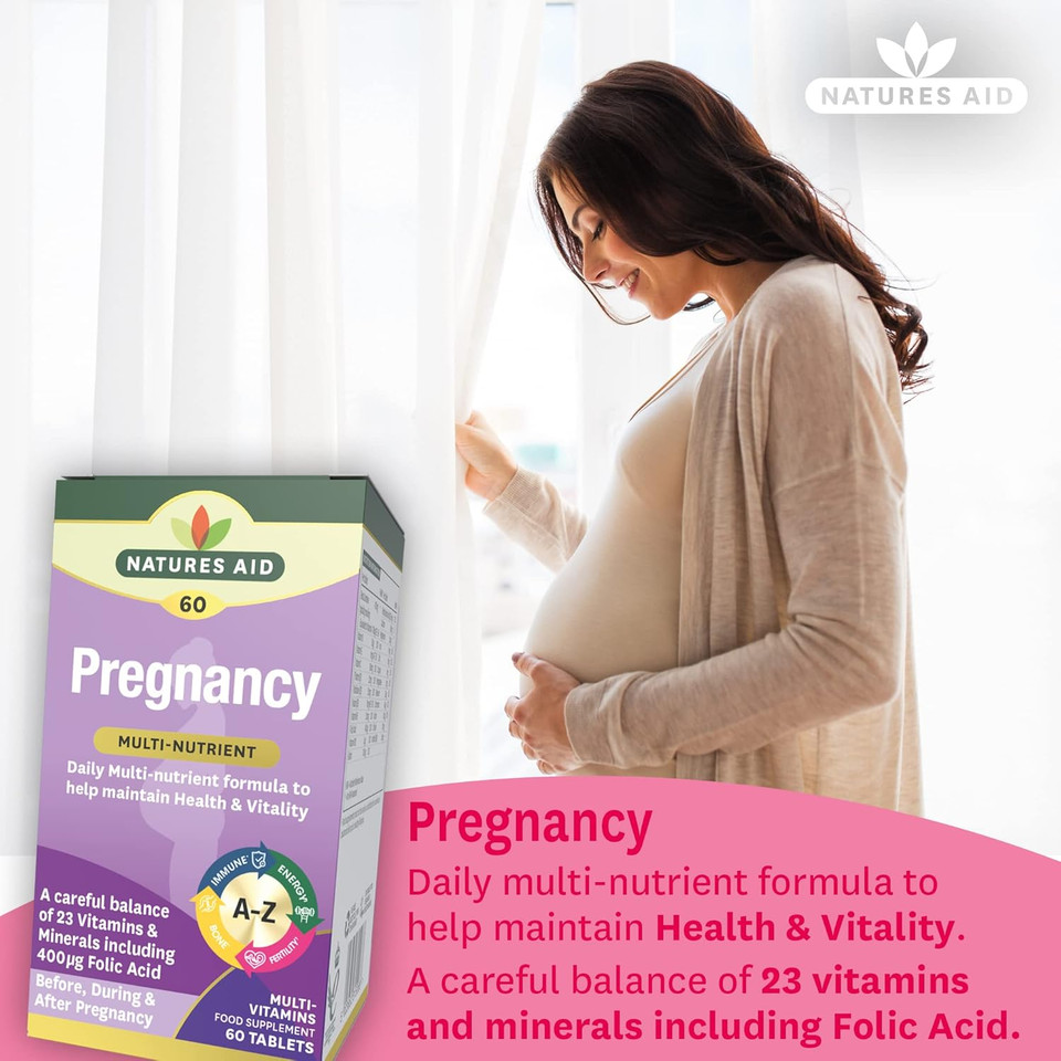 Natures Aid Pregnancy Multivitamin - 23 Vitamins & Minerals with Iron & Folic Acid - Daily Prenatal Supplement for Before, During & After Pregnancy - Vegan, Non-GMO, Gluten-Free - 60 Tablets
