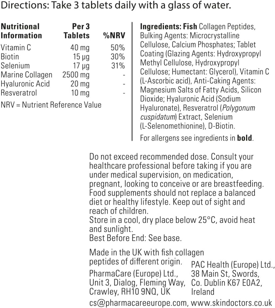 Skin Doctors Collagen Tablets | 2500mg | Hydrolysed Marine Collagen | Hyaluronic Acid | Resveratrol | Biotin | Selenium and Vitamin C | 90 Tablets Skin Doctors Collagen Tablets | 2500mg | Hydrolysed Marine Collagen | Hyaluronic Acid | Resveratrol | Biotin | Selenium and Vitamin C | 90 Tablets