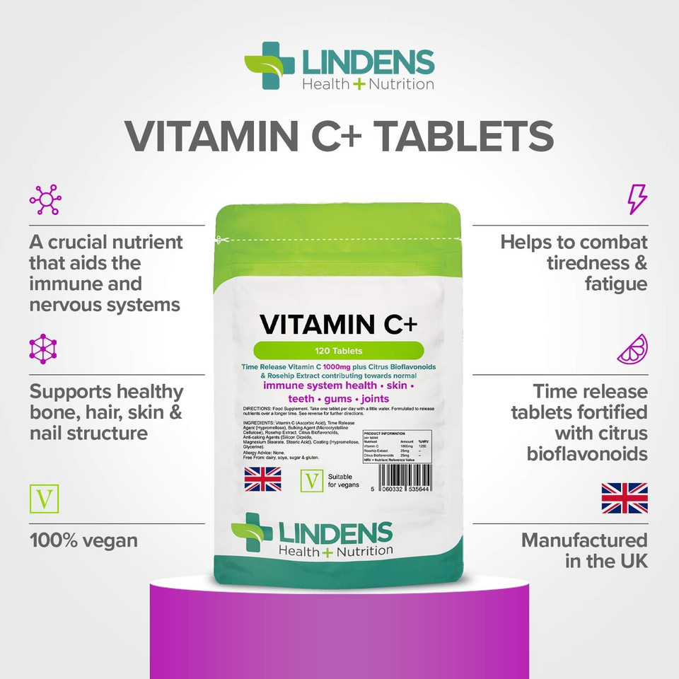 Lindens Vitamin C+ 1000mg - 120 Tablets - Time Release Tablets with Citrus Bioflavonoids and Rosehip - Contributes to Immune System Health, Reduces Tiredness and Supports Healthy Skin and Teeth Lindens Vitamin C+ 1000mg - 120 Tablets - Time Release Tablets with Citrus Bioflavonoids and Rosehip - Contributes to Immune System Health, Reduces Tiredness and Supports Healthy Skin and Teeth
