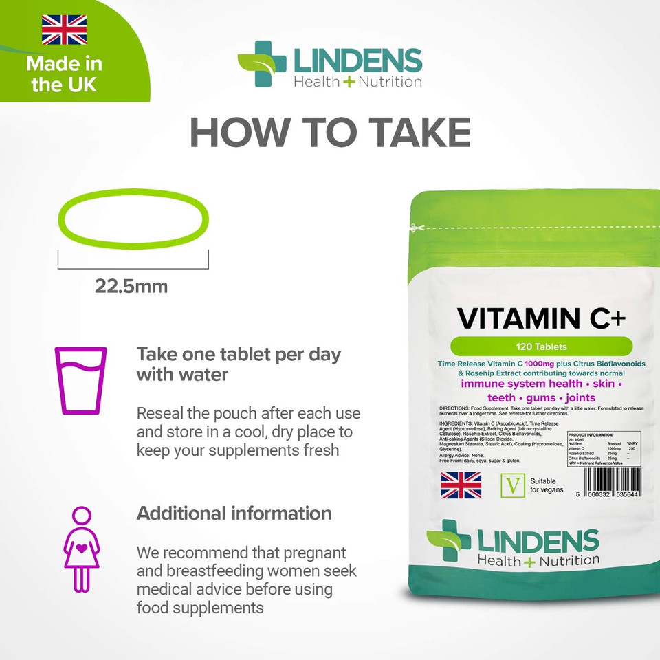 Lindens Vitamin C+ 1000mg - 120 Tablets - Time Release Tablets with Citrus Bioflavonoids and Rosehip - Contributes to Immune System Health, Reduces Tiredness and Supports Healthy Skin and Teeth Lindens Vitamin C+ 1000mg - 120 Tablets - Time Release Tablets with Citrus Bioflavonoids and Rosehip - Contributes to Immune System Health, Reduces Tiredness and Supports Healthy Skin and Teeth