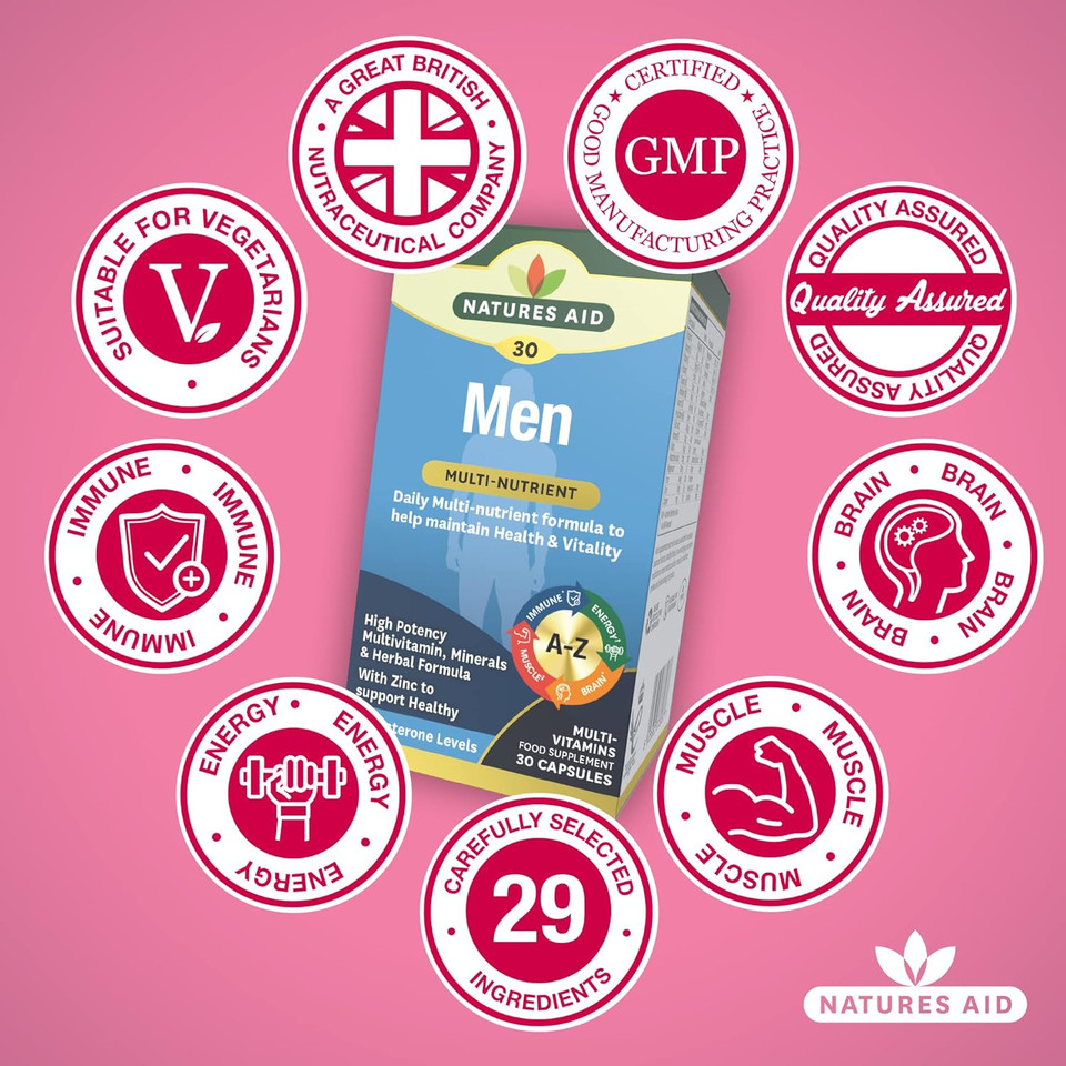 Natures Aid Men's Multi-Vitamins and Minerals Capsules (29 Essential Vitamins and Minerals + Superfood Complex, 30 Capsules, Suitable for Vegetarians, Made in the UK)