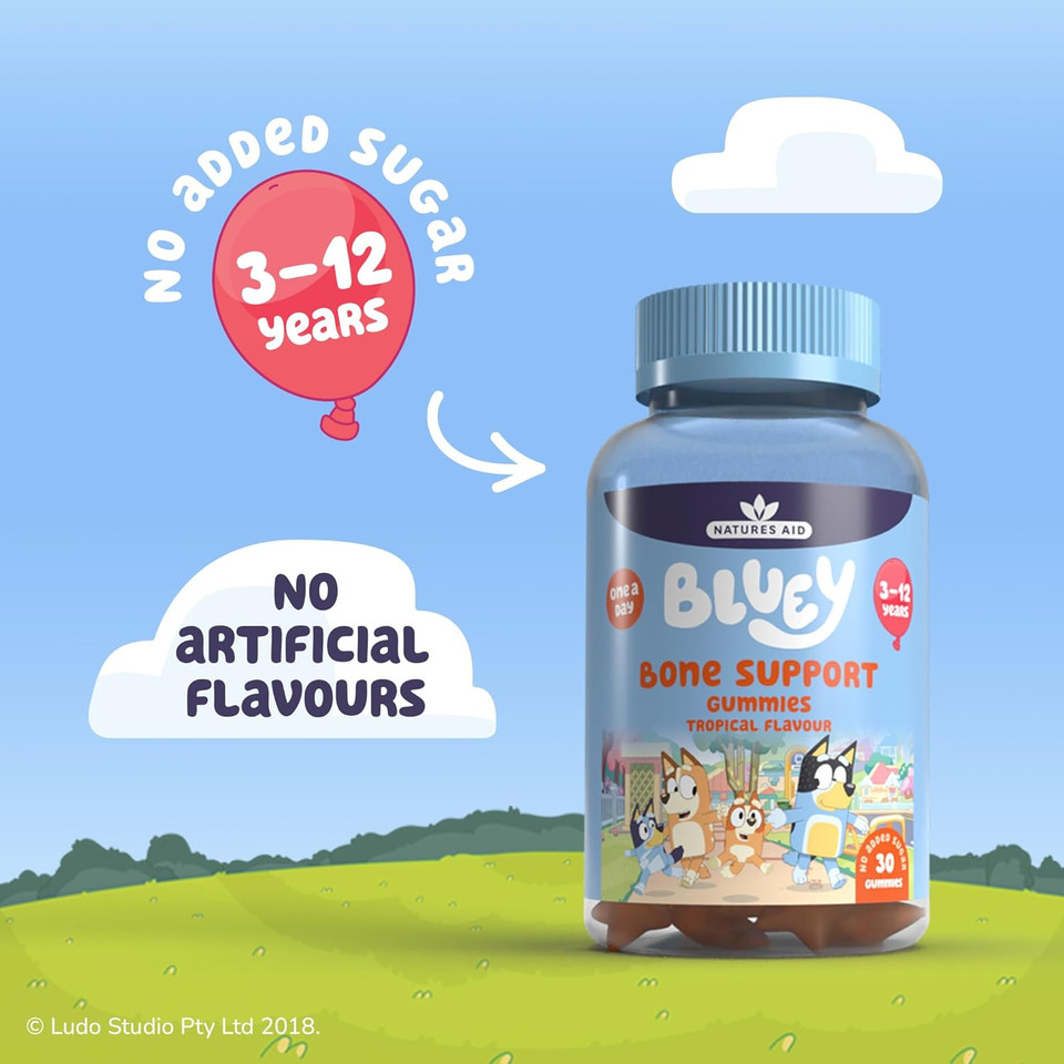 Bluey Kids Bone Support Gummies - Vitamin D3 & K2 to Support Growing Bodies and Bone Growth - Tropical, No Added Sugar, Vegan, Gluten Free - 30 Gummys for Children Ages 3-12