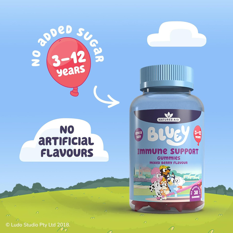 Bluey Kids Immune Support Gummies - Vitamin C, Zinc & Elderberry to Support Immunity and Immune System - Mixed Berry, No Added Sugar, Vegan, Gluten Free - 30 Gummys for Children Ages 3-12