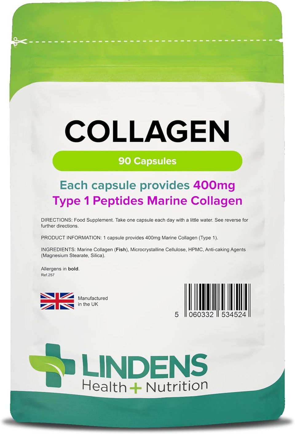 Lindens - Collagen 400mg - 90 Capsules - One-A-Day - UK Made - Marine Source Hydrolysed Collagen - Supports Bones, Cartilage, Ligaments, Tendons and Connective Tissues - Letterbox Friendly
