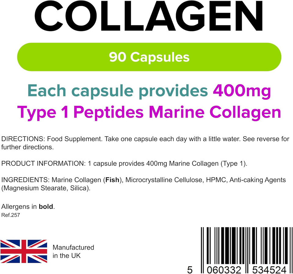 Lindens - Collagen 400mg - 90 Capsules - One-A-Day - UK Made - Marine Source Hydrolysed Collagen - Supports Bones, Cartilage, Ligaments, Tendons and Connective Tissues - Letterbox Friendly